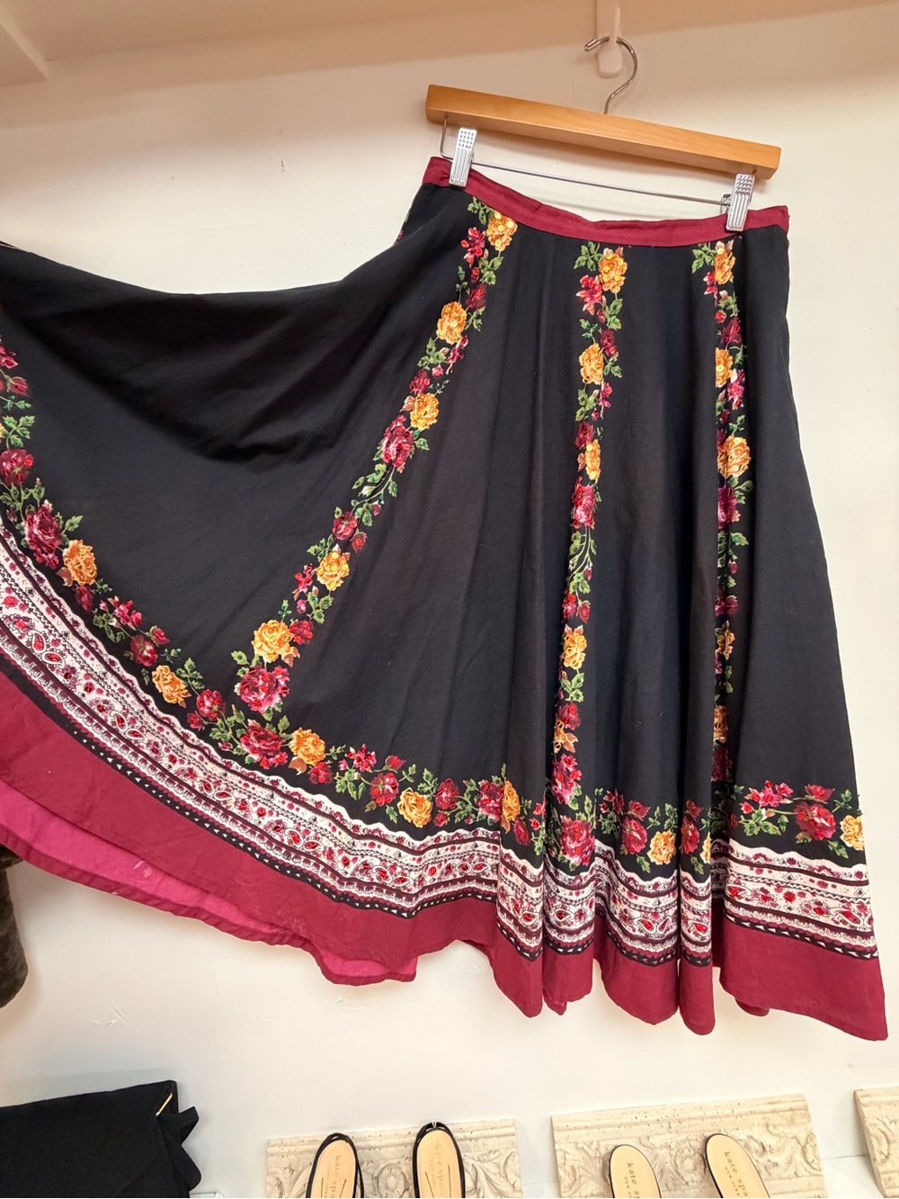 Vintage B Moss Black Floral Maxi Skirt with Burgundy Trim and sequin detail